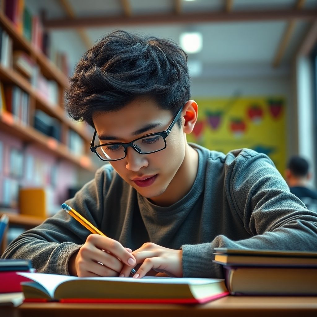 University student writing in a colorful study environment.