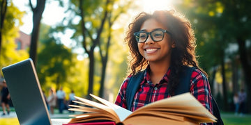 University student studying in a vibrant campus environment.