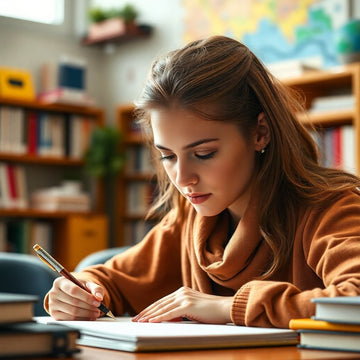 University student writing in a vibrant study environment.