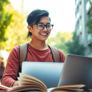 University student in vibrant campus with books and laptop.