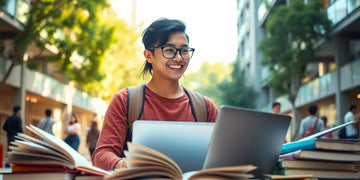 University student in vibrant campus with books and laptop.