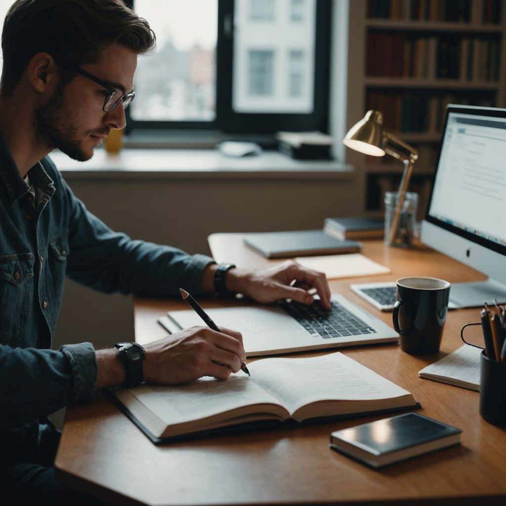 Student writing thesis with books and laptop on desk