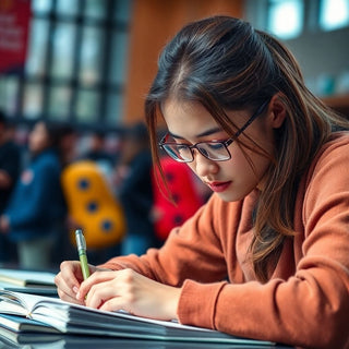 University student writing in a vibrant, colorful setting.