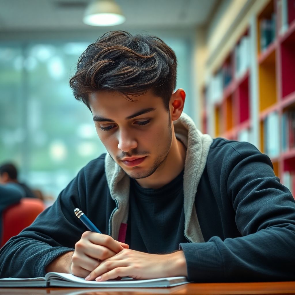 University student writing in a vibrant study environment.