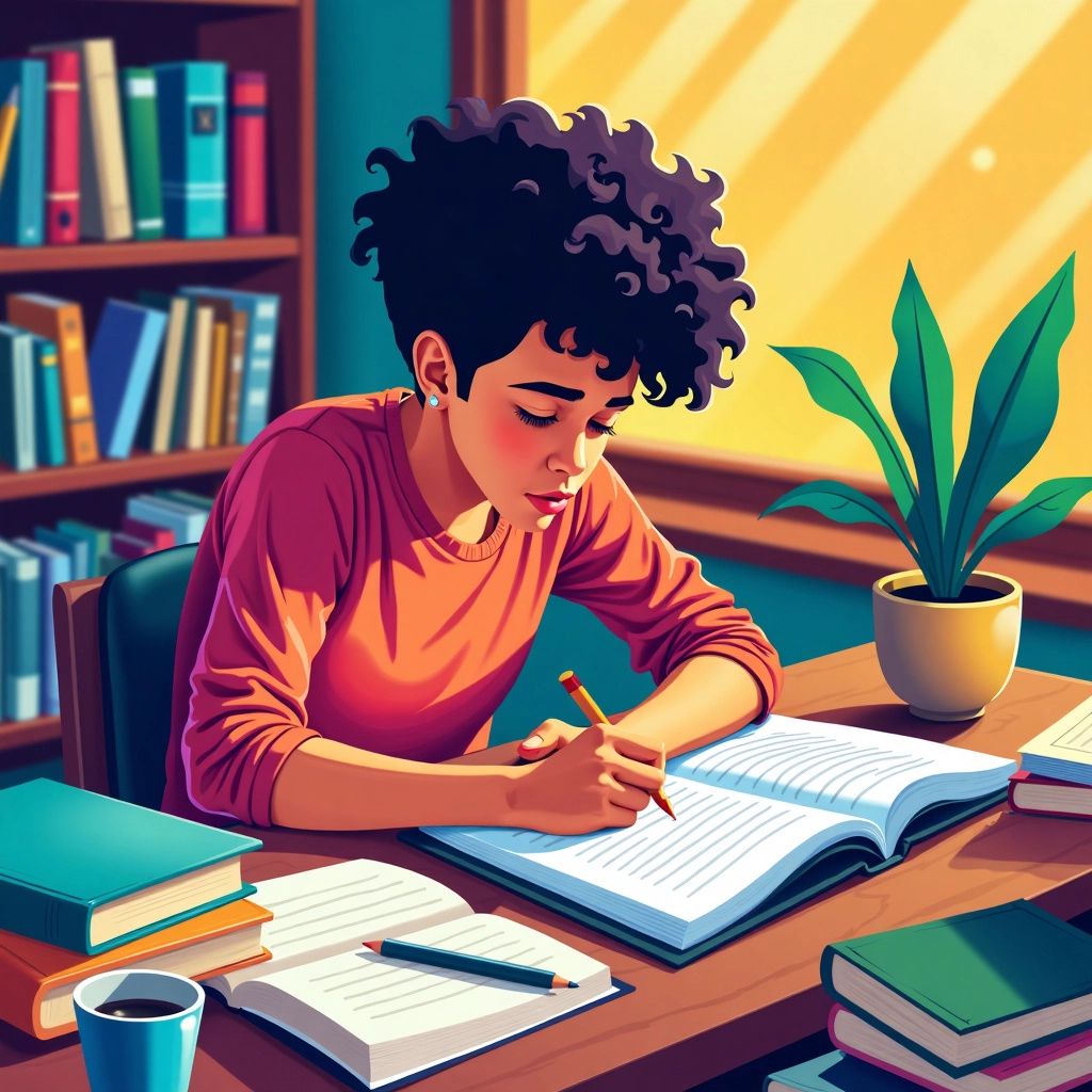 Colorful illustration of a student writing a research paper.