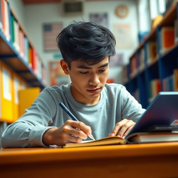 University student writing in a vibrant study environment.