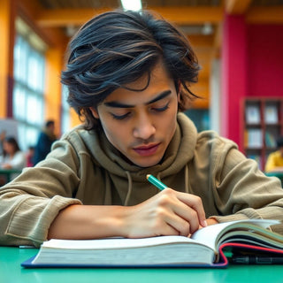 University student writing in a vibrant study environment.