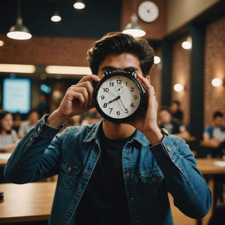 Student holding thesis with clock, symbolizing time management