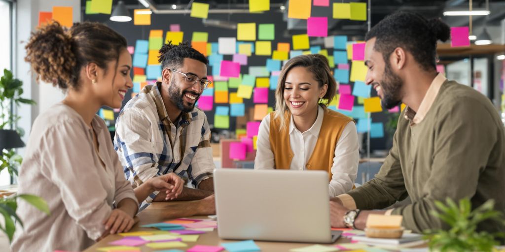 Group collaborating on marketing ideas in a bright office.