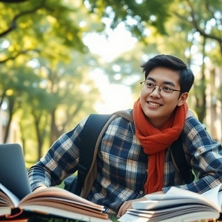 University student studying in a vibrant campus setting.