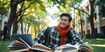 University student studying in a vibrant campus setting.