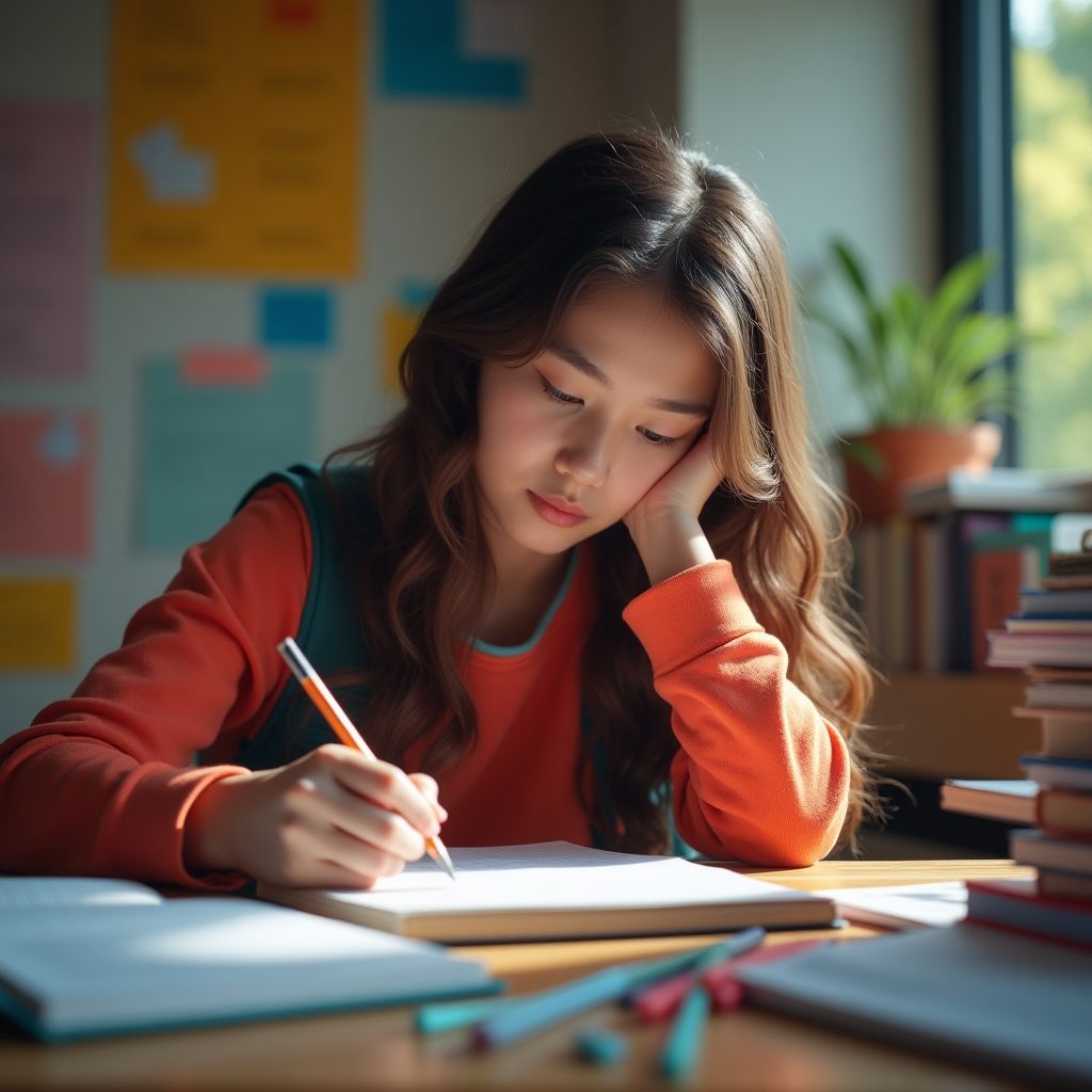 University student writing in a colorful study space.