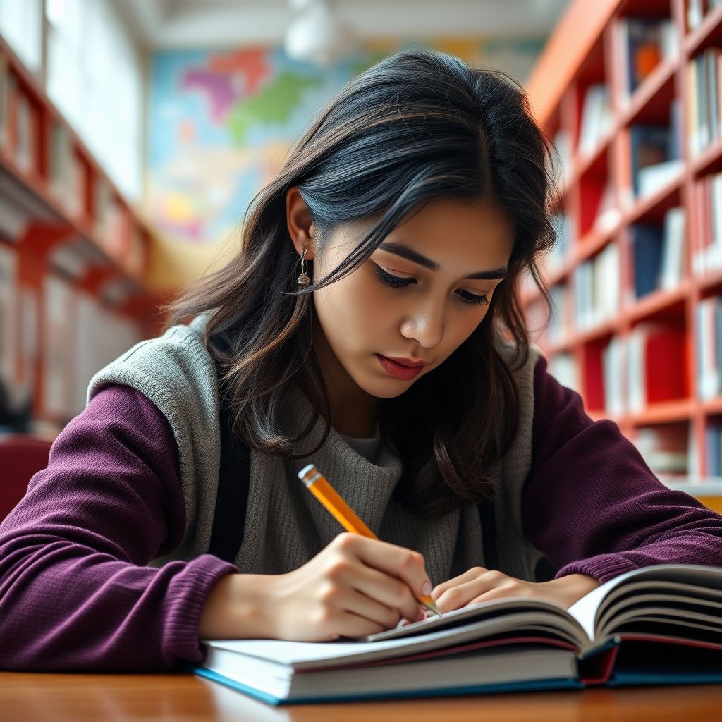 University student writing in a vibrant study environment.