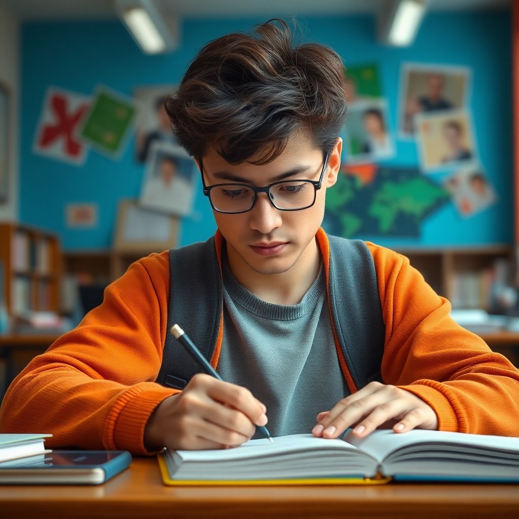 University student writing in a vibrant study environment.