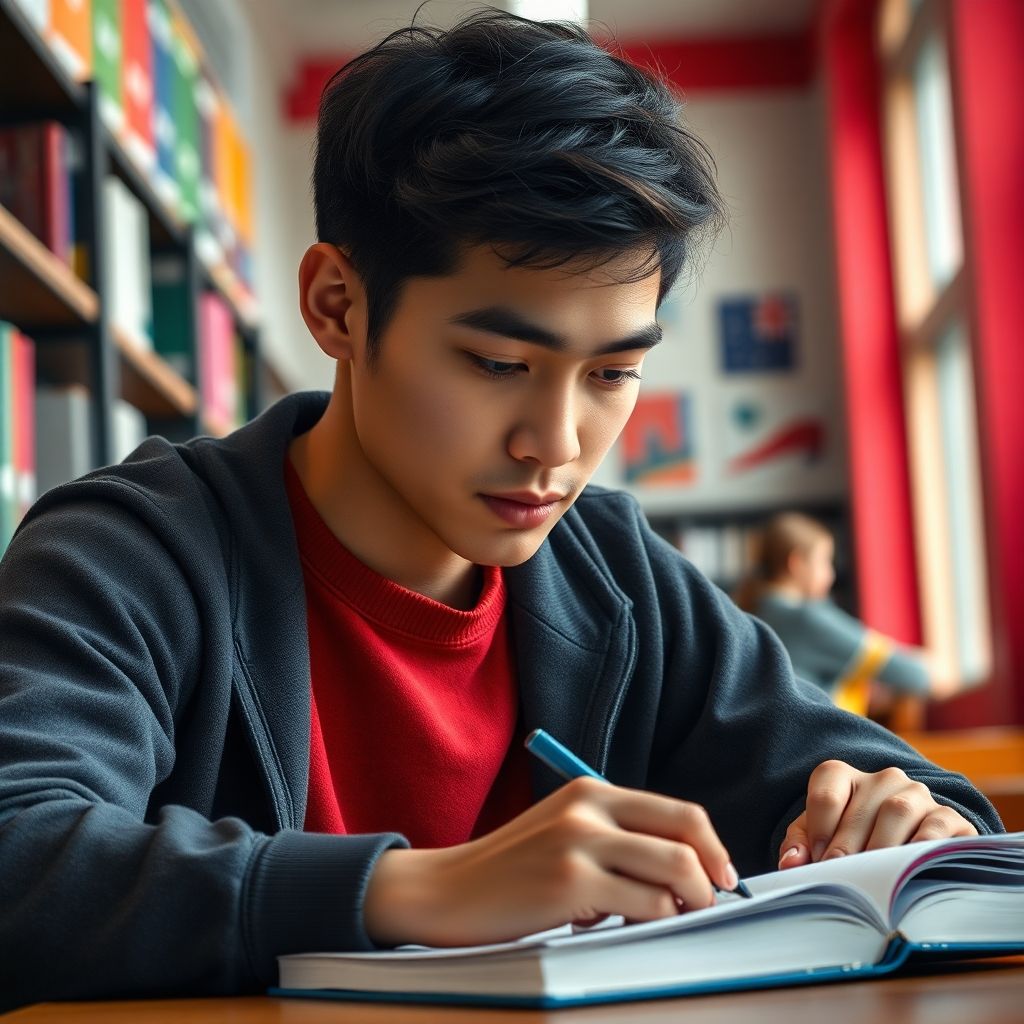 University student writing in a vibrant study environment.