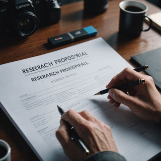 Research proposal template held by person with a pen