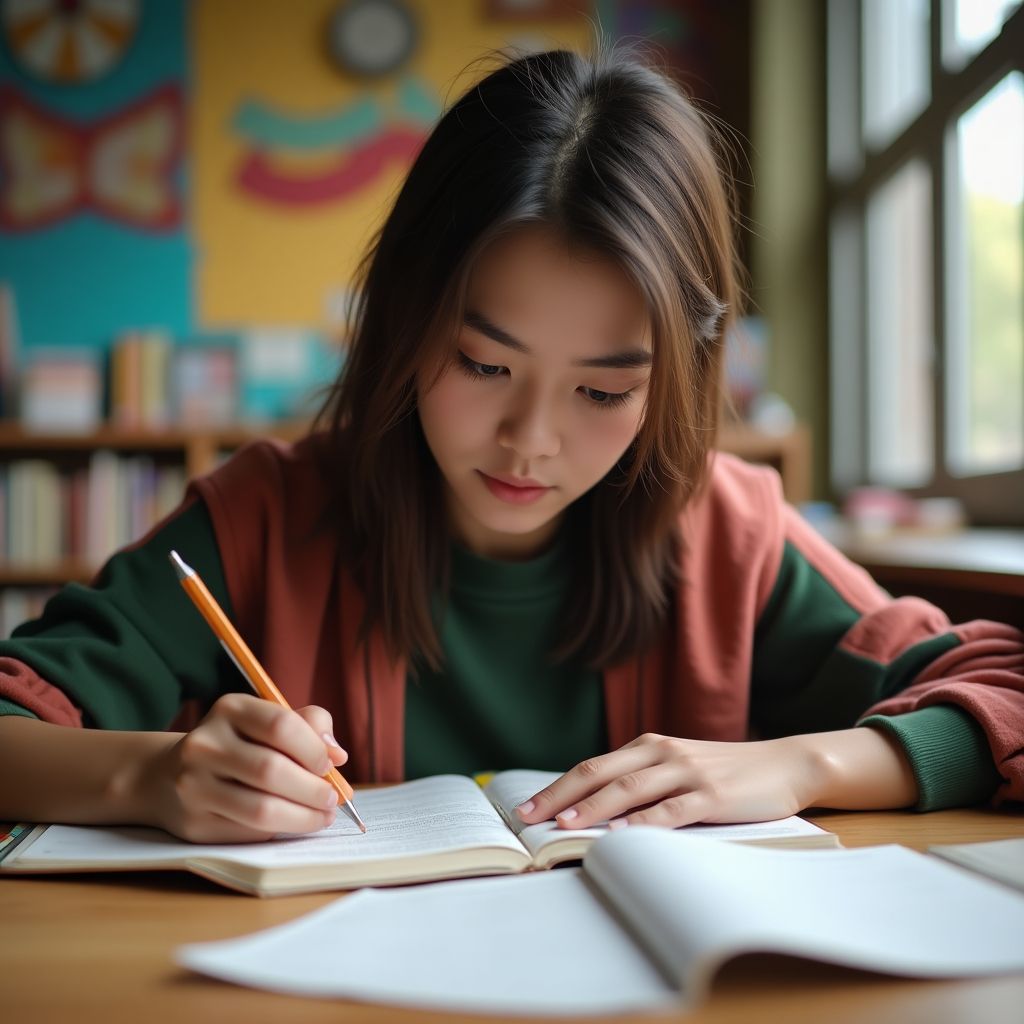 Estudante universitário escrevendo em um ambiente colorido.