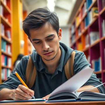 University student writing in a vibrant study environment.