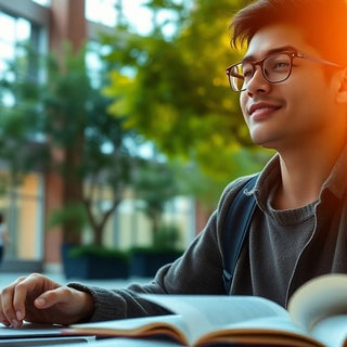 University student in vibrant campus with books and laptop.