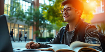 University student in vibrant campus with books and laptop.