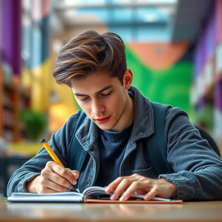 University student writing in a vibrant, colorful setting.