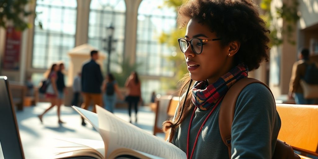 University student in a vibrant campus with books and laptop.