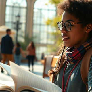 University student in a vibrant campus with books and laptop.