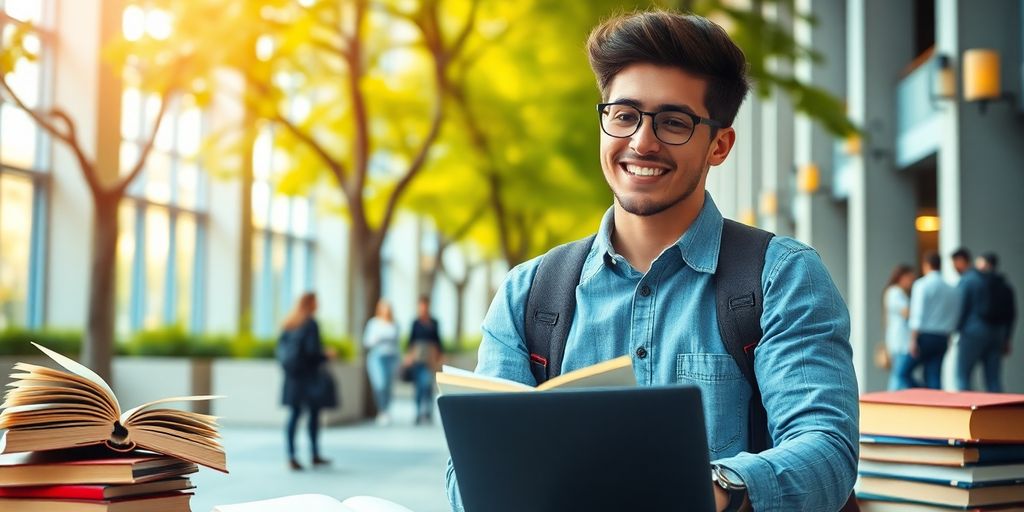 University student in vibrant campus environment with books and laptop.