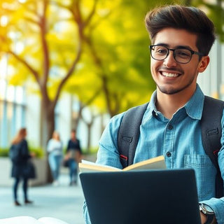 University student in vibrant campus environment with books and laptop.