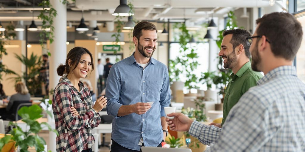 Employees collaborating in a bright and engaging workplace.