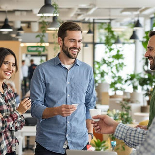 Employees collaborating in a bright and engaging workplace.