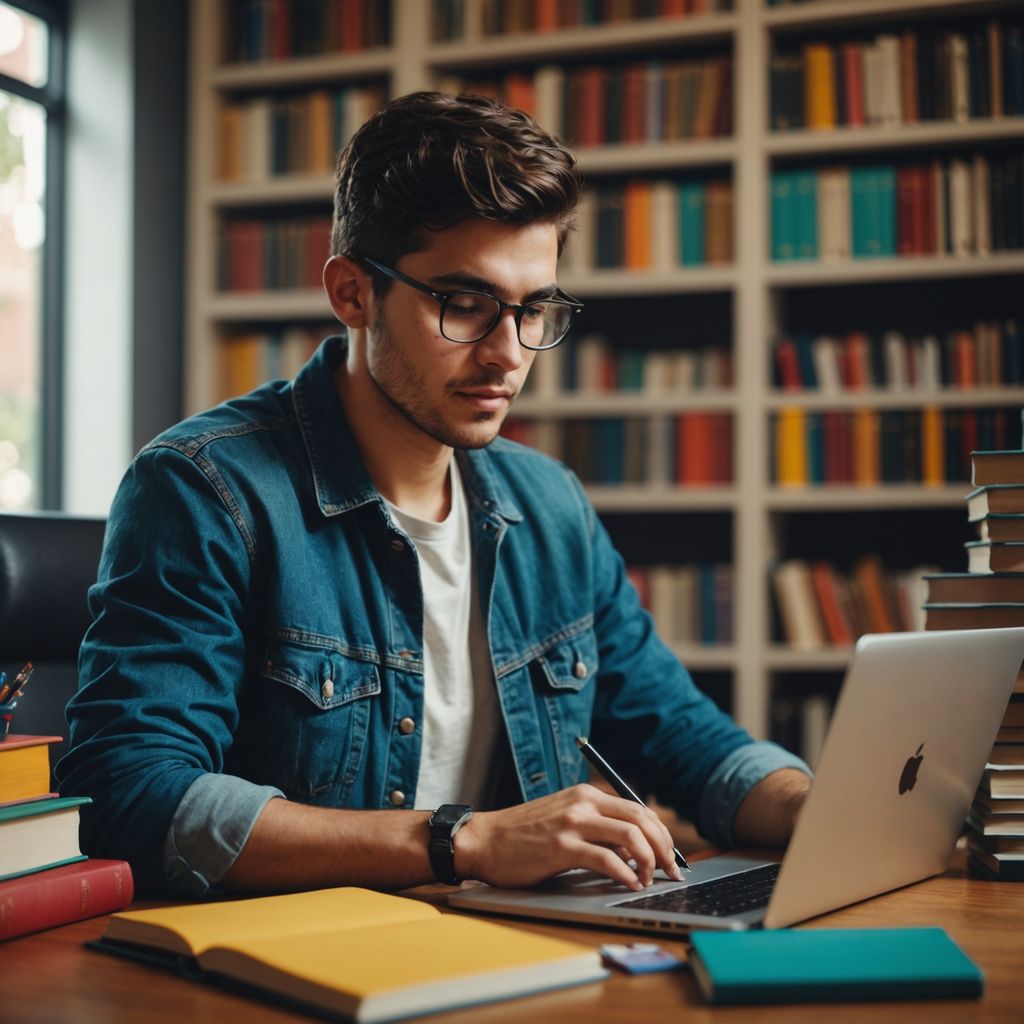 Estudiante trabajando en su tesis de investigación en un escritorio