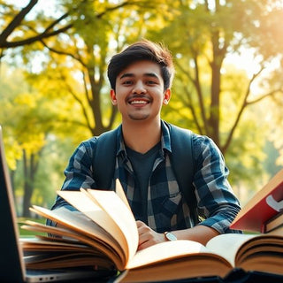 University student in a vibrant campus environment with books.