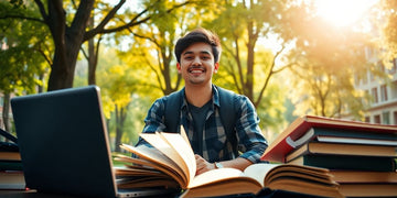 University student in a vibrant campus environment with books.