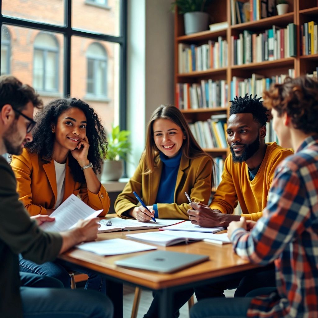 Estudiantes diversos generando ideas para tesis de MBA juntos.