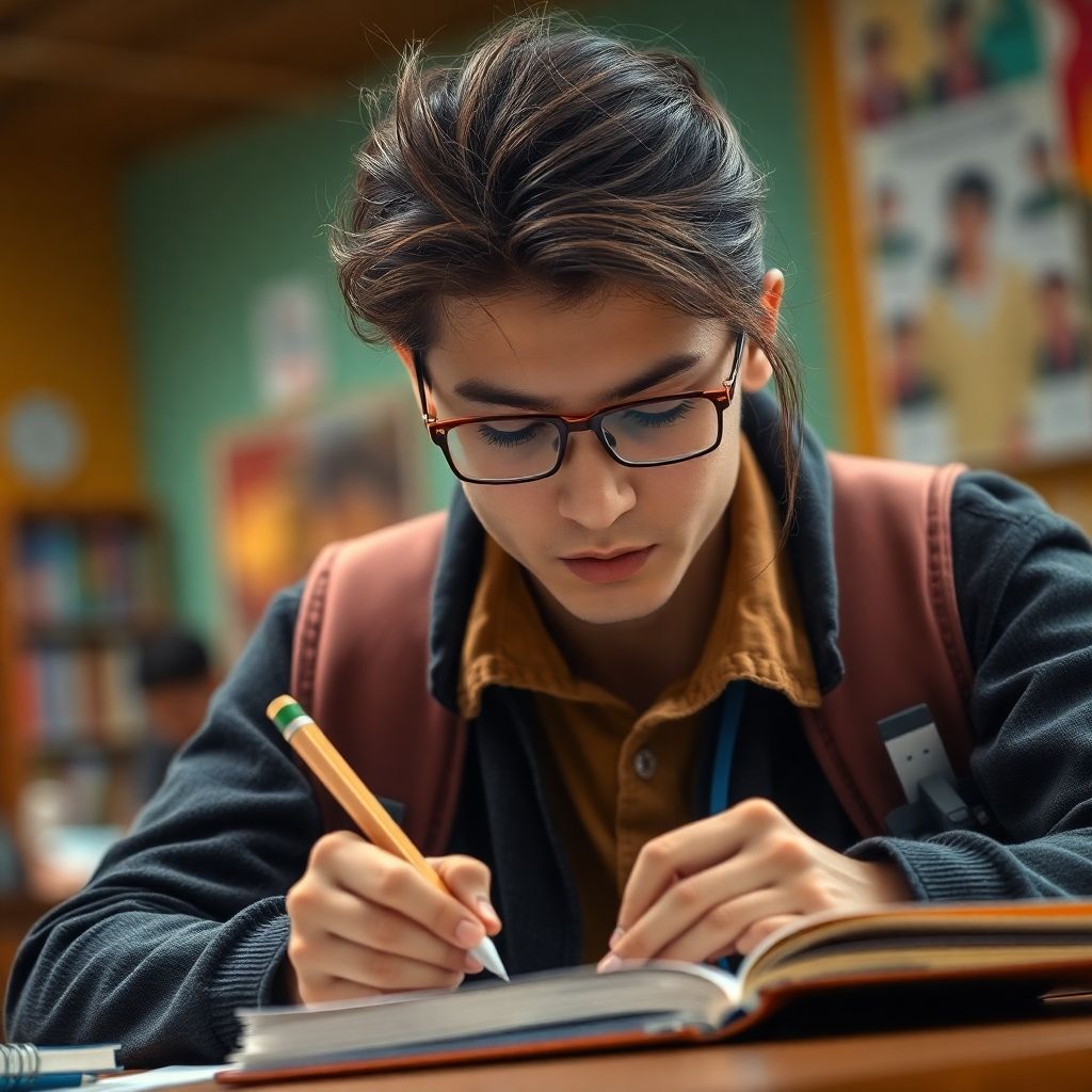 University student writing in a vibrant, colorful setting.