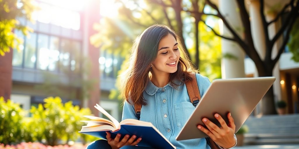 University student studying on a vibrant campus with books.