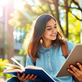 University student studying on a vibrant campus with books.