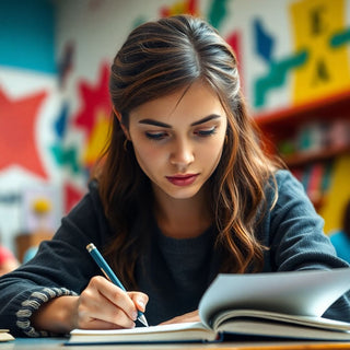 University student writing in a vibrant study environment.