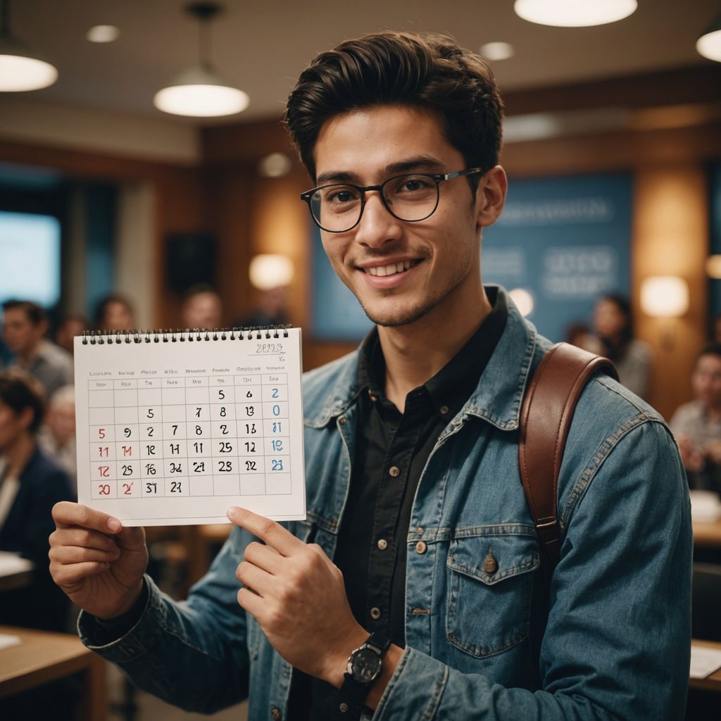 Student celebrating with thesis and calendar in background