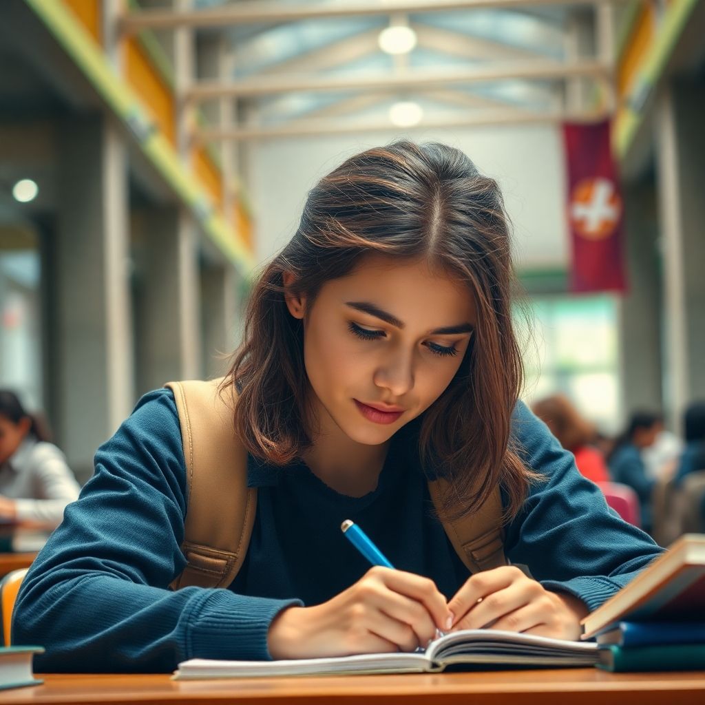 University student writing in a colorful, vibrant setting.