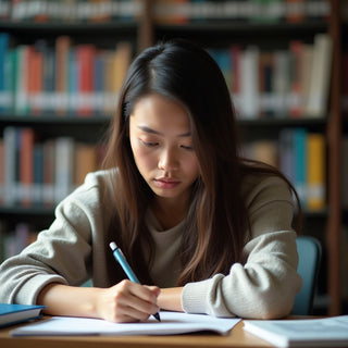 University student writing in a colorful study environment.