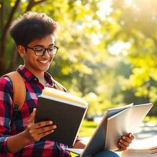 University student in a vibrant campus environment with books.