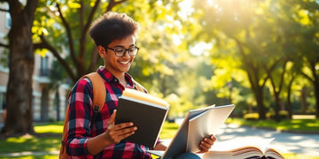 University student in a vibrant campus environment with books.