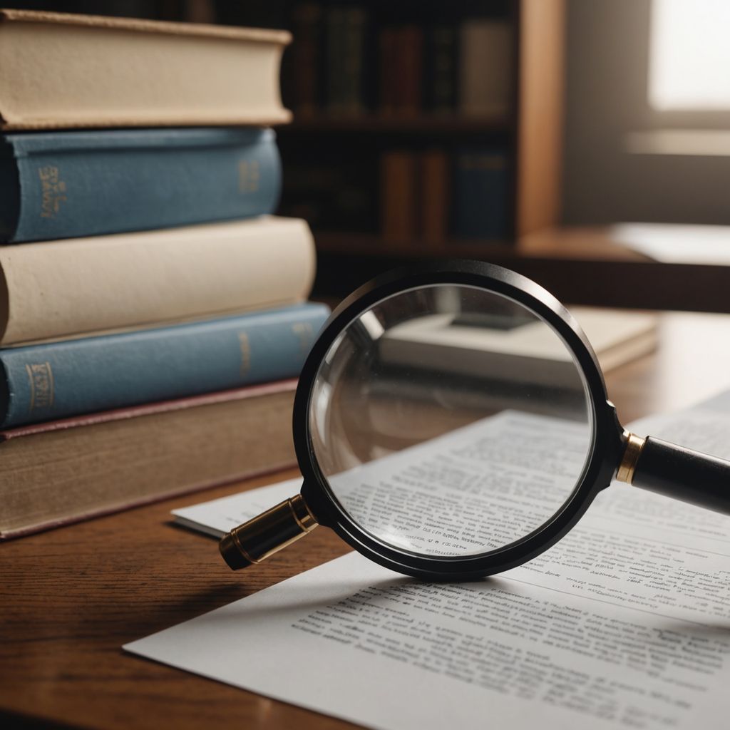 Magnifying glass over research papers and books on desk