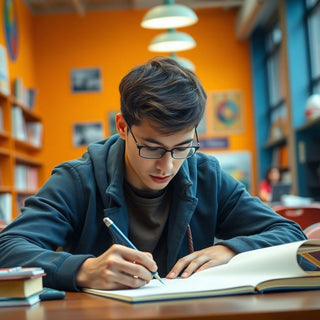 University student writing in a vibrant study environment.