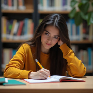 Estudante universitário escrevendo em um ambiente colorido.