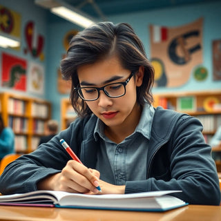 University student writing in a vibrant study environment.