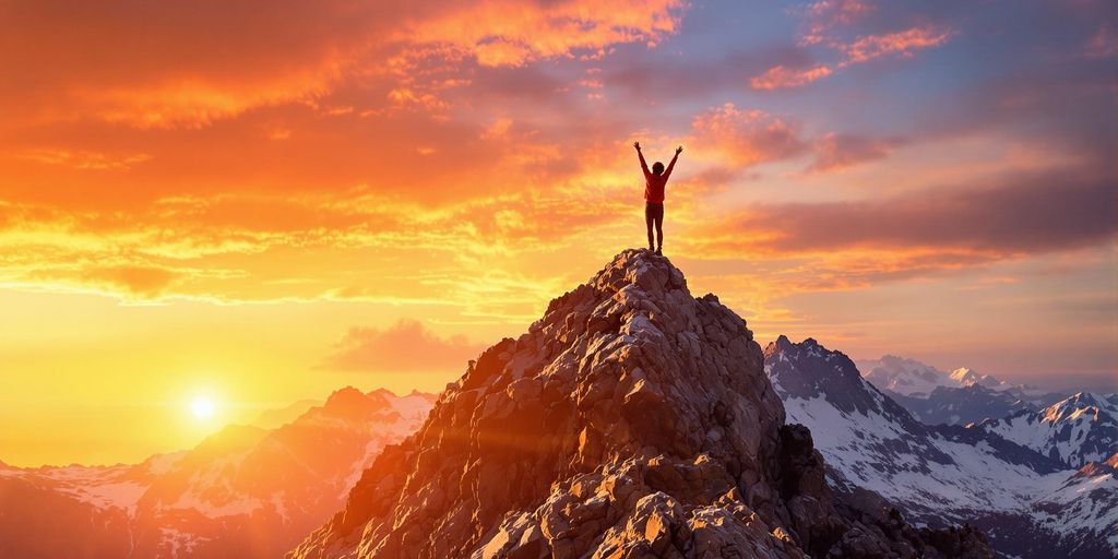 Person on mountain peak celebrating success at sunrise.