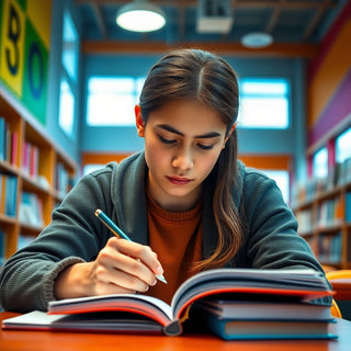 University student writing in a vibrant study environment.